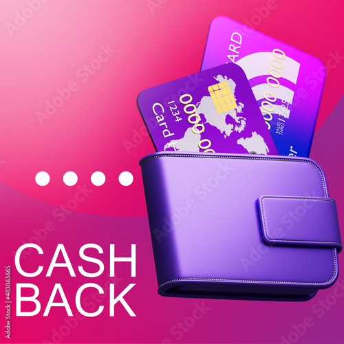 Bank cards with cash back function. Bonus points from bank for purchase. Refund after payment by credit card. Cash back credit card. Wallet on purple background. Banking offer. 3d rendering.