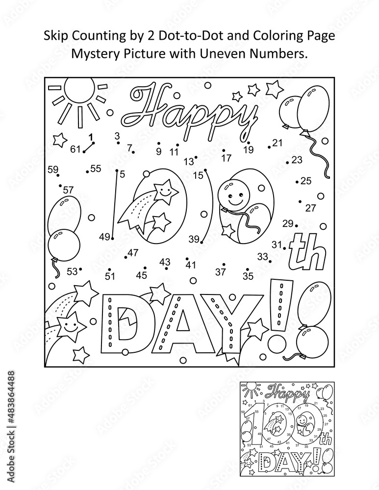 Skip counting “Happy 100th Day!” celebration connect the dots picture ...
