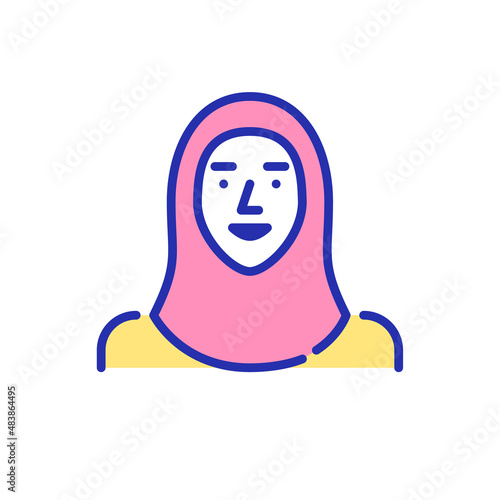 Muslim woman wearing a hijab. A person of Arab ethnical group. Pixel perfect, editable stroke color fun avatar icon