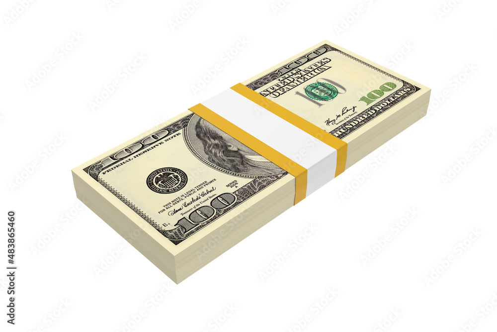 Bundle of US 100 dollars banknotes isolated on white. 3d rendering. Bundle of US 100 dollars banknotes isolated on white. 3d rendering.