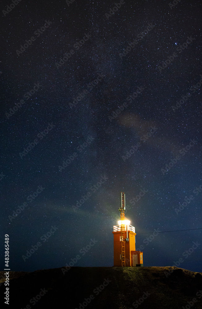 Hopsnes Lighthouse and the milky way,south coast of Iceland.Near the town of Grindavik.