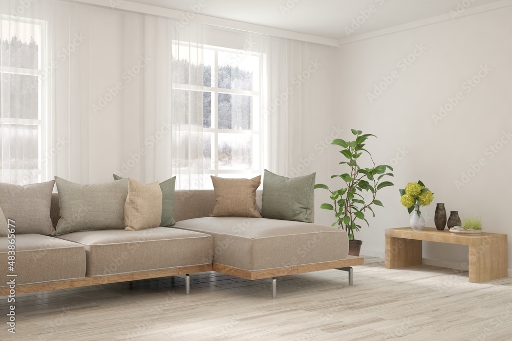 Modern living room in white color with sofa and winter landscape in window. Scandinavian interior design. 3D illustration Modern living room in white color with sofa and winter landscape in window. Scandinavian interior design. 3D illustration