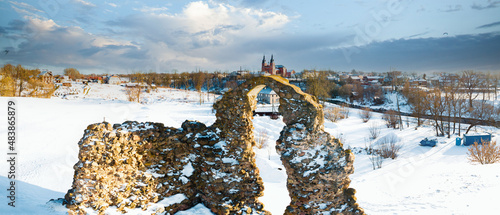 Medieval Livonian Order castle ruins and towers of catholic church in Rezekne. City located in Latgale region of eastern Latvia