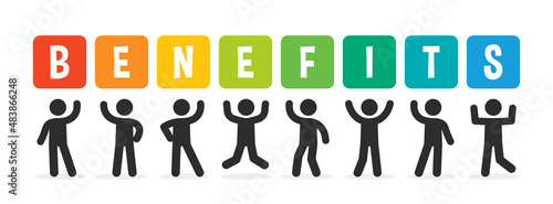 Benefits word banner. Group of people holding sign Benefits text in colorful design.