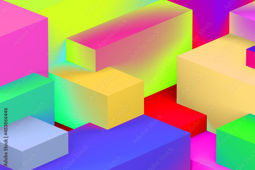 Abstract geometric cubic holographic colorful in neon lights background. isometric 3d render. Abstract geometric cubic holographic colorful in neon lights background. isometric 3d render.
