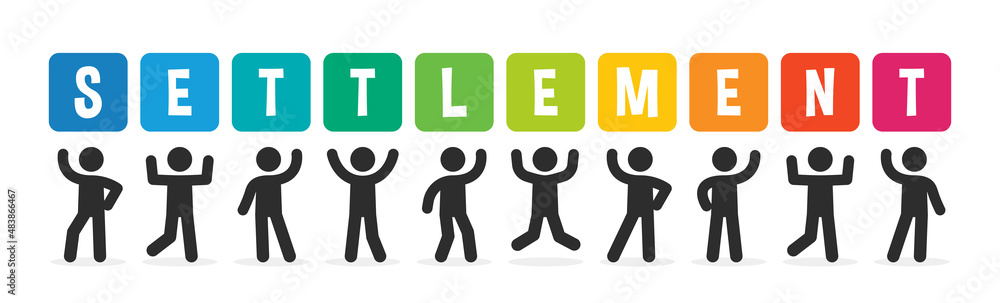 People icon holding and showing lettering Settlement in colorful design. People icon holding and showing lettering Settlement in colorful design.