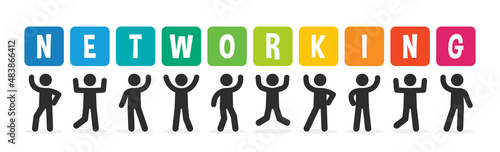 People holding up colorful sign with text networking on banner.