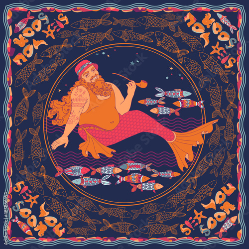 Mermaid man with pipe. Funny fat Merman. Colorful Vector illustration.