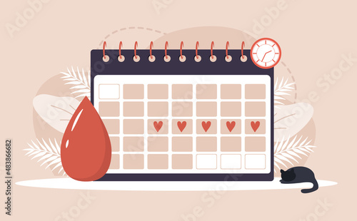 Woman period. Menstruation calendar shedule. Female critical day problems. Vector illustration in flat cartoon style.