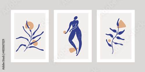 Set of three abstract posters with one woman silhouettes and abstract branches painted in the Henry Matisse style.