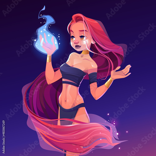 Girl wizard hold magic blue fire in hand. Vector cartoon illustration of beautiful mystic woman with long hair and gold jewelry. Female genie character from arabic fairy tales