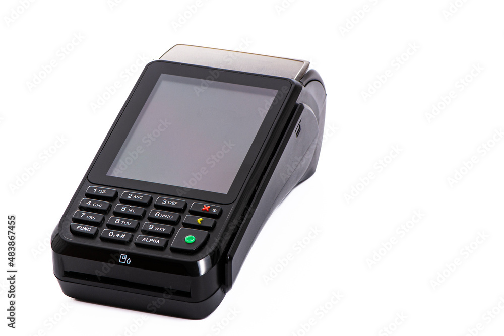 black payment terminal close-up for accepting money from plastic cards from customers on a white isolated background, copy space black payment terminal close-up for accepting money from plastic cards from customers on a white isolated background, copy space