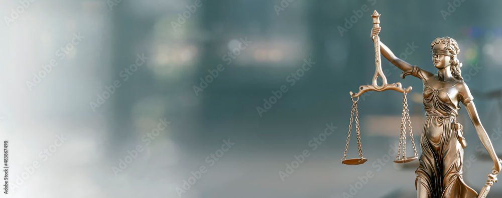 Legal and law concept. Statue of Lady Justice with scales of justice and wooden judge gavel on wooden table. Panoramic image statue of lady justice. - obrazy, fototapety, plakaty 