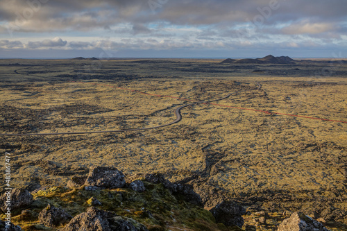 Reykjanes peninsula panorama.A view from the top of the mountain Þorbjörn in Iceland .The mountain is beside the town of Grindavik and the Blue Lagoon