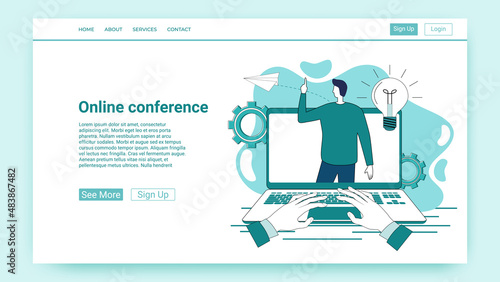 Online conference.Business meeting online.People communicate and work using a video connection.An illustration in the style of a green landing page.