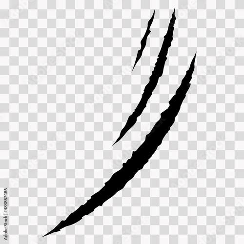Cat scratches. Animal claw marks in black. Monster or dinosaur attack slash stripes on transparent background. Vector illustration