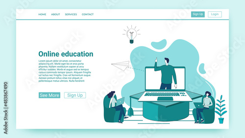 Online education.People on the background of a large laptop get an education using an Internet connection.An illustration in the style of a green landing page.