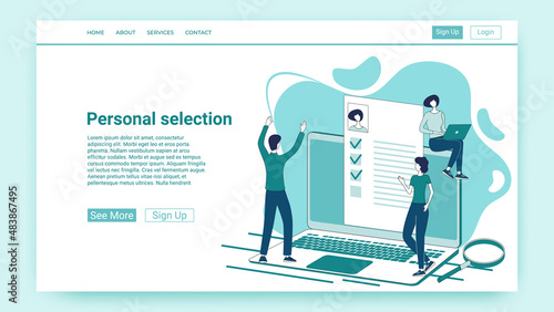 Selection staff.The work of a recruitment agency, people on the background of resumes select staff.An illustration in the style of a green landing page.