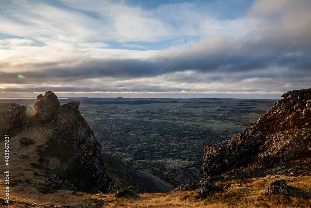 Reykjanes peninsula panorama.A view from the top of the mountain Þorbjörn in Iceland .The mountain is beside the town of Grindavik and the Blue Lagoon