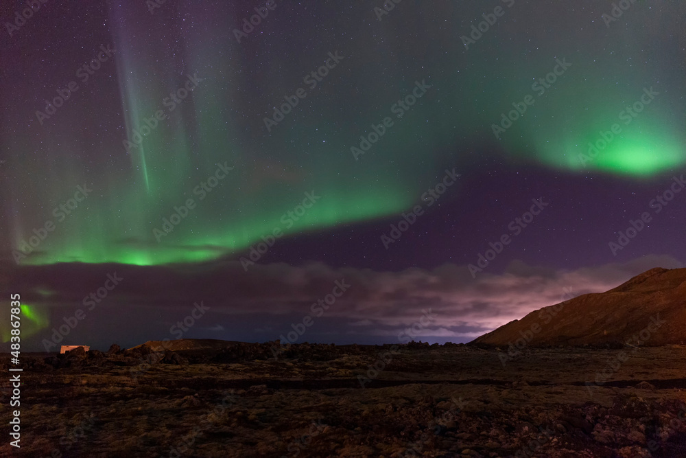 Aurora Borealis above lava fields in Iceland