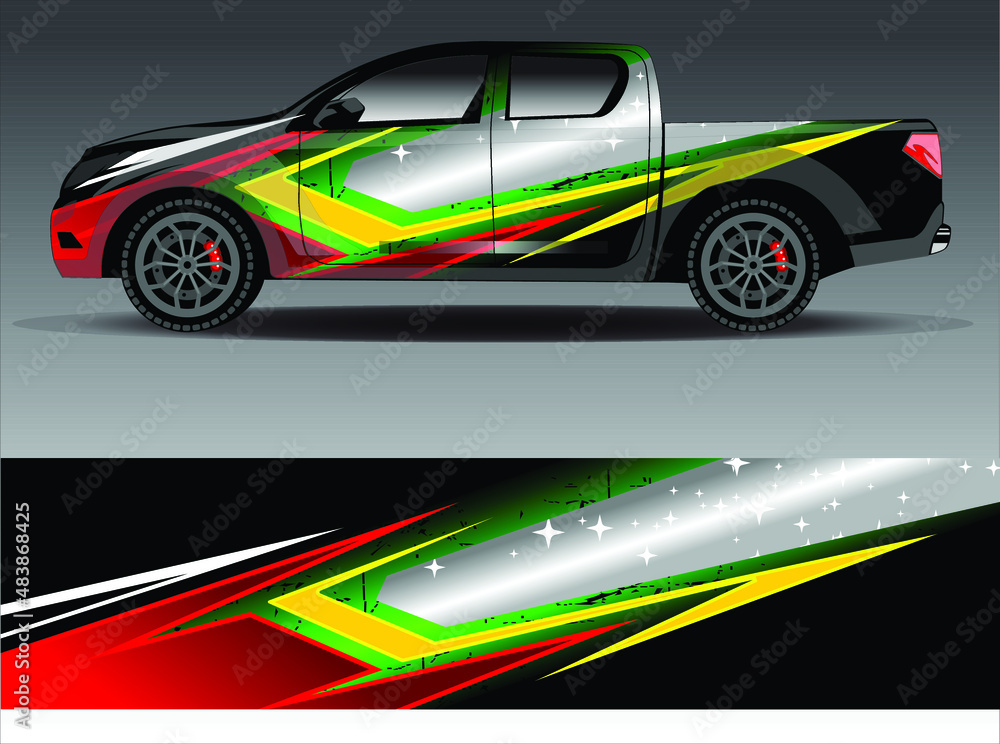 Race car wrap decal designs. Abstract racing and sport background for car livery or daily use car vinyl sticker. Full vector eps 10. Race car wrap decal designs. Abstract racing and sport background for car livery or daily use car vinyl sticker. Full vector eps 10.