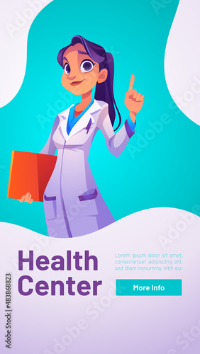 Health center poster with woman doctor in professional uniform. Vector flyer of medical service, hospital or clinic with cartoon illustration of girl in white coat, medical staff, physician or nurse