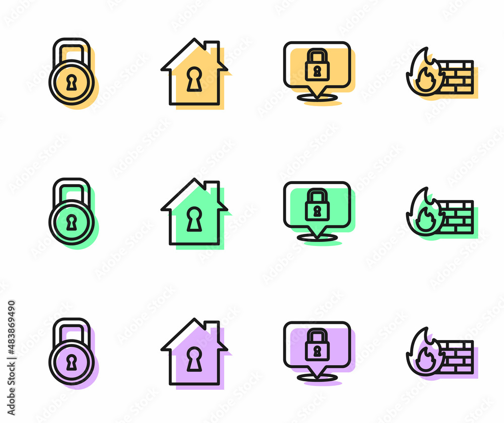 Set line Lock, House under protection and Firewall, security wall icon. Vector Set line Lock, House under protection and Firewall, security wall icon. Vector