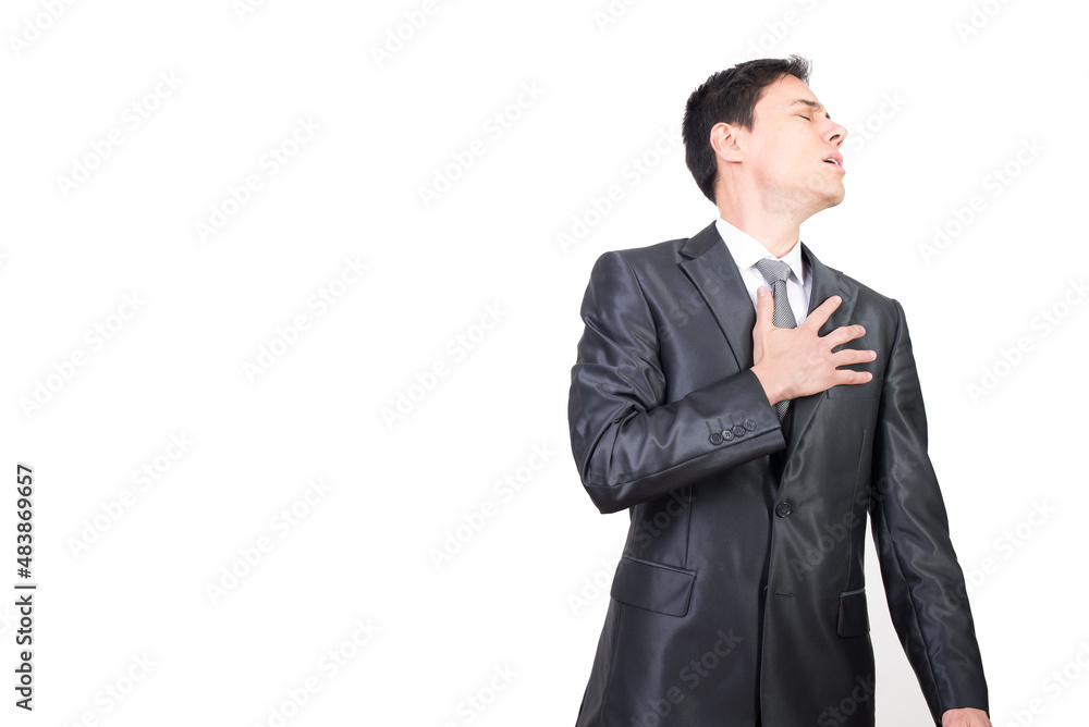 Injured man in elegant suit touching chest Injured man in elegant suit touching chest