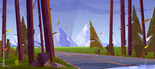 Fall rain in forest with road and mountains on horizon. Vector cartoon illustration of autumn landscape with car highway, coniferous trees, green grass and rocks at rainy weather