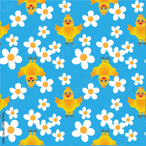 Seamless funny pattern of chickens and daisies on a blue background for textiles and packaging for Easter