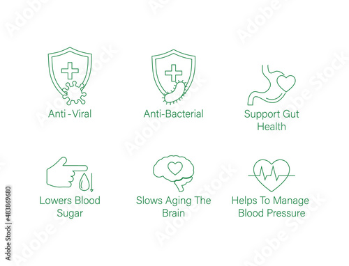 antiviral, anti-bacterial, supports gut health, lowers blood sugar, slow the aging of the brain, helps to manage blood pressure, icon set vector line art