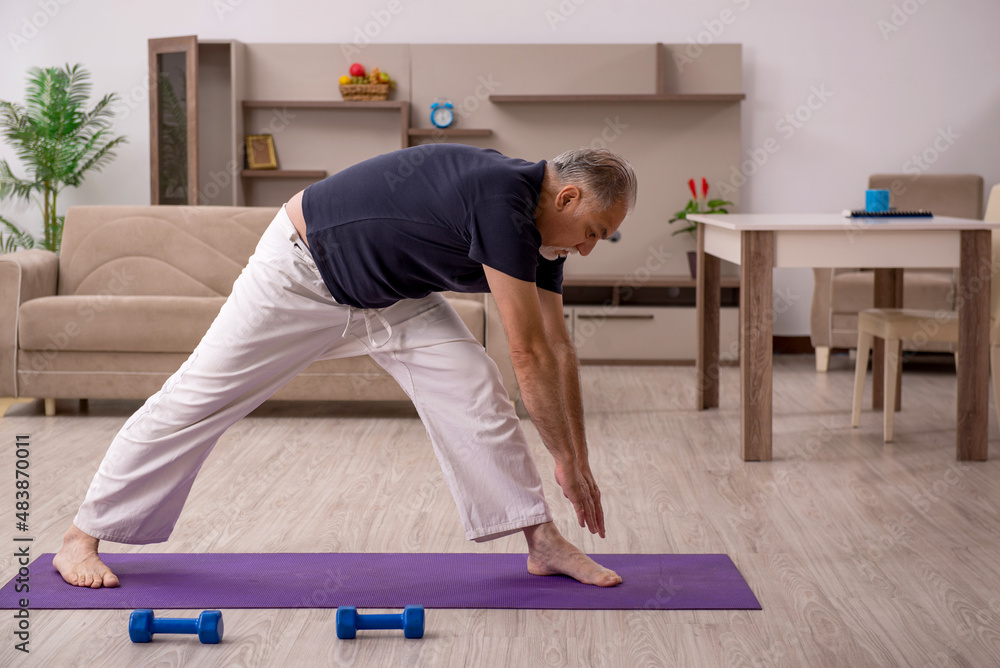 Old man doing sport exercises at home Old man doing sport exercises at home