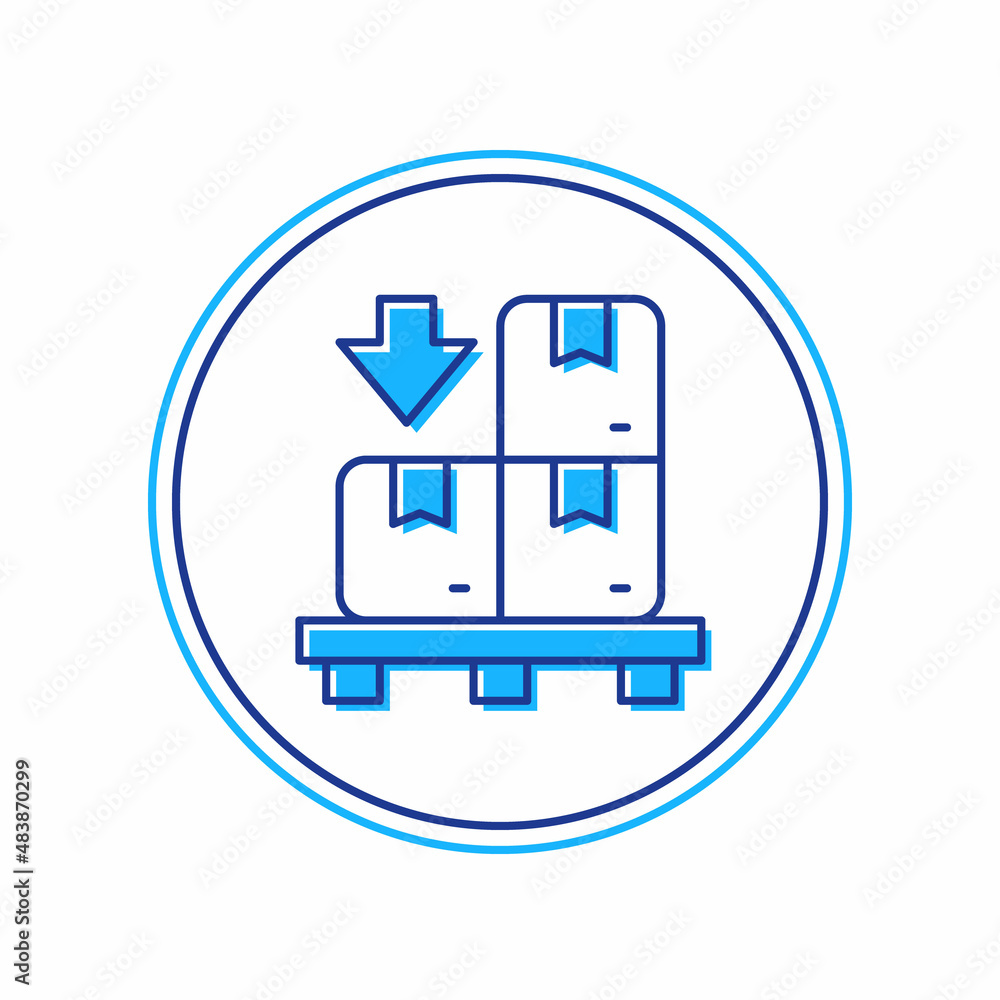 Filled outline Cardboard boxes on pallet icon isolated on white background. Closed carton delivery packaging box with fragile signs. Vector Filled outline Cardboard boxes on pallet icon isolated on white background. Closed carton delivery packaging box with fragile signs. Vector