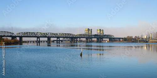 Panorama of the Snohomish River in Washington State with the vertical lift bridges of State Route 529 north of Everett © IanDewarPhotography
