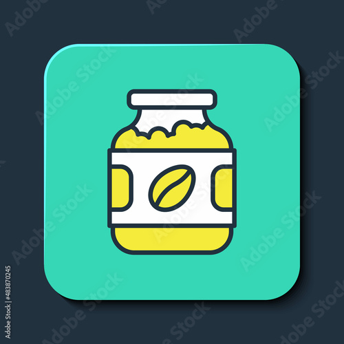 Filled outline Coffee jar bottle icon isolated on blue background. Turquoise square button. Vector