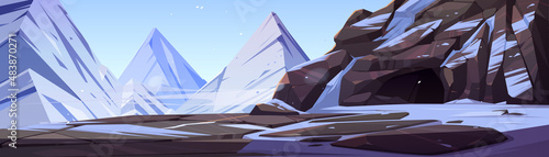 Mountain with entrance to cave or tunnel. Vector cartoon illustration of winter landscape with rocks, ledge with snow, deep stone cavern or mine, high cliffs and ice peaks