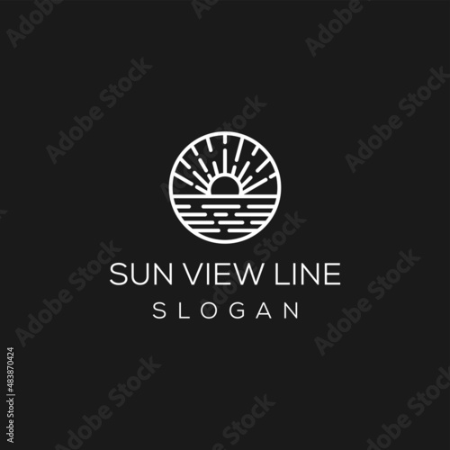 logo of mountain and sun views. Modern outline design illustration of a sun and mountain view on a lake. Vector art line icon template