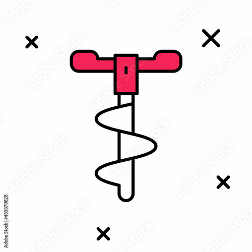 Filled outline Hand ice drill for winter fishing icon isolated on white background. Vector