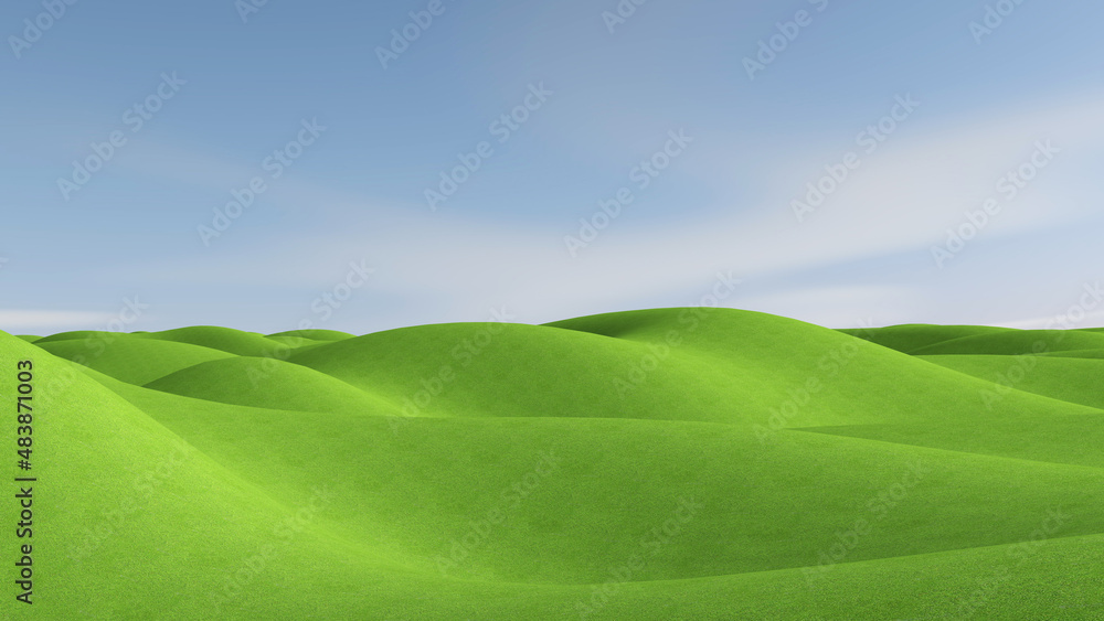 Green meadow with sky background. 3D illustration, 3D rendering	
