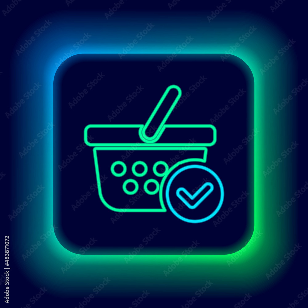 Glowing neon line Shopping basket with check mark icon isolated on black background. Supermarket basket with approved, confirm, tick, completed symbol. Colorful outline concept. Vector Glowing neon line Shopping basket with check mark icon isolated on black background. Supermarket basket with approved, confirm, tick, completed symbol. Colorful outline concept. Vector