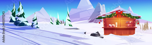 Cafe with Christmas decoration on snow slope in mountains. Vector cartoon illustration of winter landscape with snowy downhill, ski track, trees and wooden market kiosk