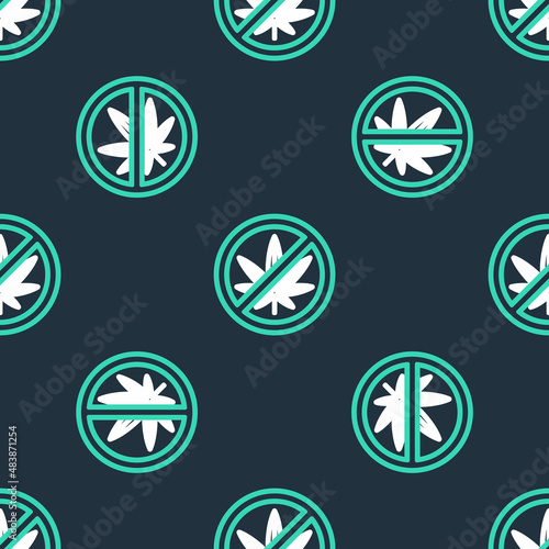 Line Stop marijuana or cannabis leaf icon isolated seamless pattern on black background. No smoking marijuana. Hemp symbol. Vector