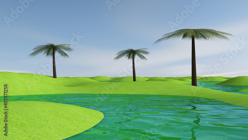 Green meadow with sky background. 3D illustration, 3D rendering 