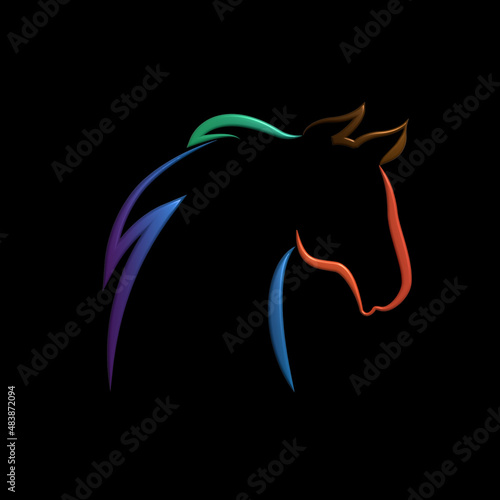 Logo 3D horse beautiful head line art colorful silhouette vector image graphic design on black background