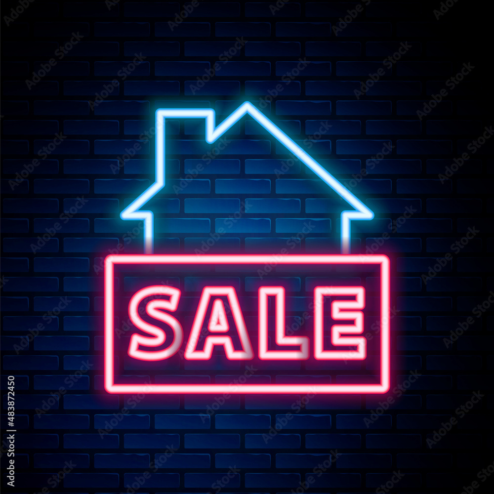 Glowing neon line Hanging sign with text Sale icon isolated on brick wall background. Signboard with text Sale. Colorful outline concept. Vector Glowing neon line Hanging sign with text Sale icon isolated on brick wall background. Signboard with text Sale. Colorful outline concept. Vector