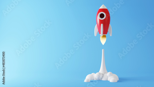 Rocket launch on a blue background. Launching a business product to the market. 3D rendering.