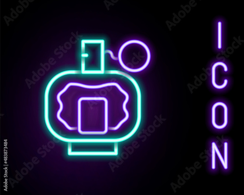 Glowing neon line Aftershave icon isolated on black background. Cologne spray icon. Male perfume bottle. Colorful outline concept. Vector