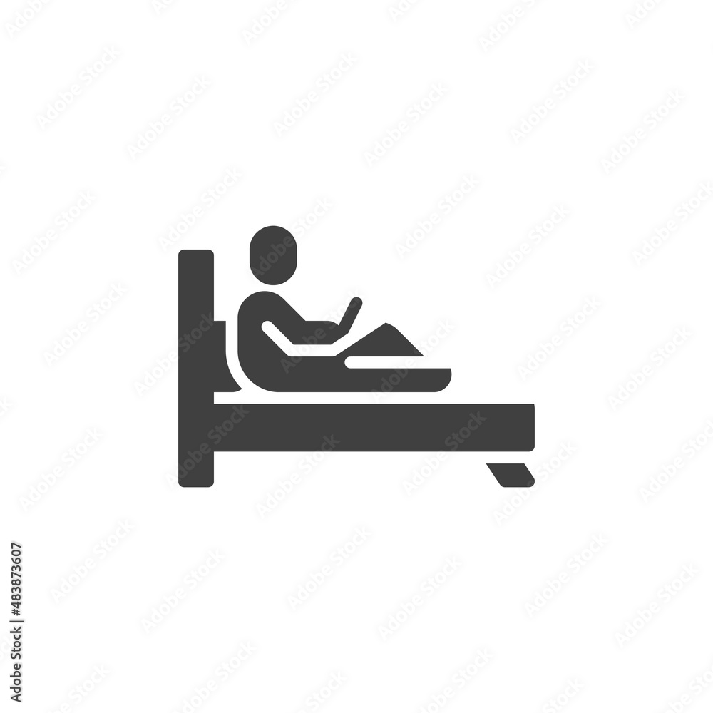 Man with laptop on bed vector icon Man with laptop on bed vector icon