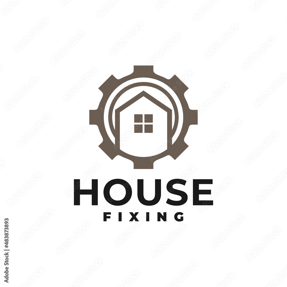 illustration of a house inside a gear shape. house fixing, home developer logo vector template.