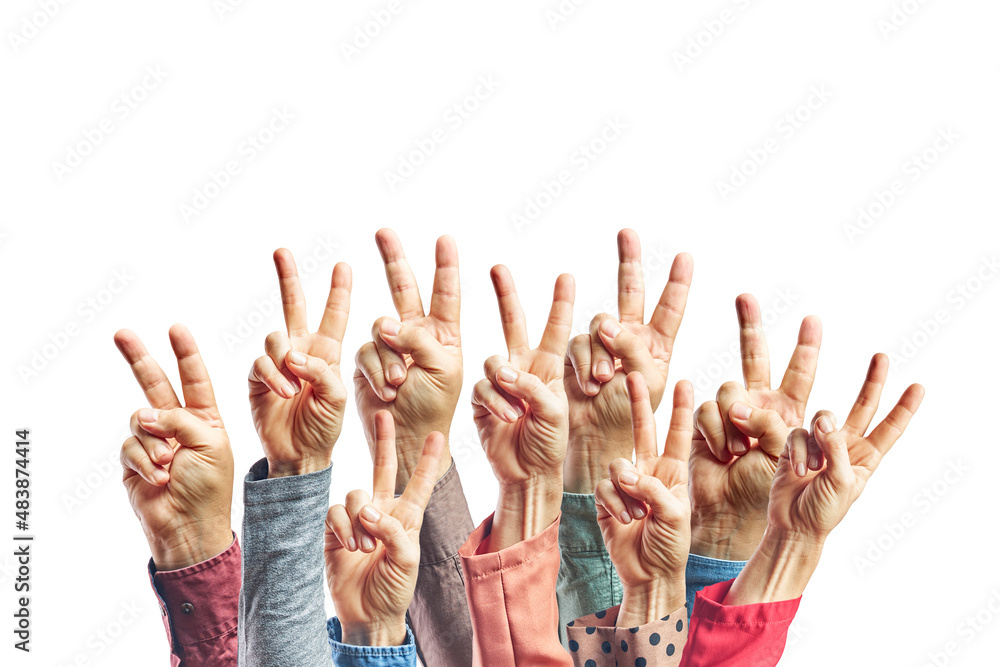 Hands of men and women showing fingers over isolated white background counting number 2 showing two fingers, gesturing victory